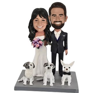 Bride and Groom Bobbleheads with pets